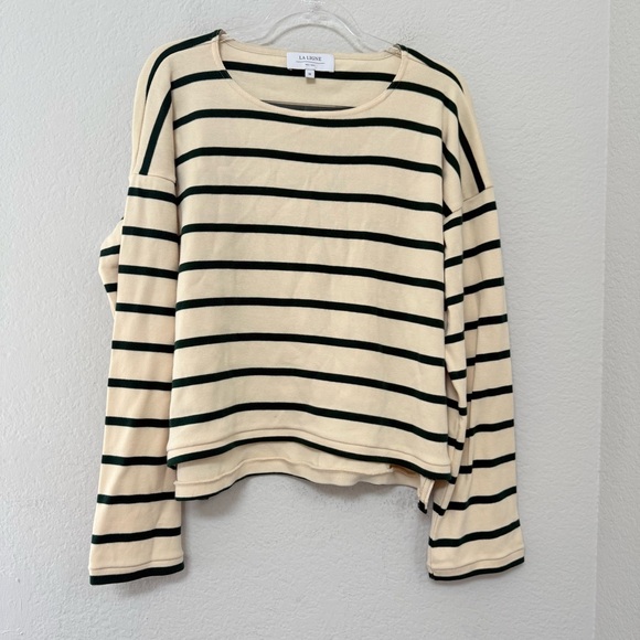 LA LIGNE Long Sleeve Breton Tee Shirt Ecru Cream Green Striped Size Medium - Picture 2 of 6